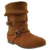 Womens Ankle Boots Slouch Knitted and Suede Cross Strap Buckles Tan