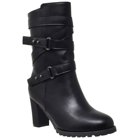 Womens Mid Calf Boots Strappy Buckle Studded Block Heel Shoes Black