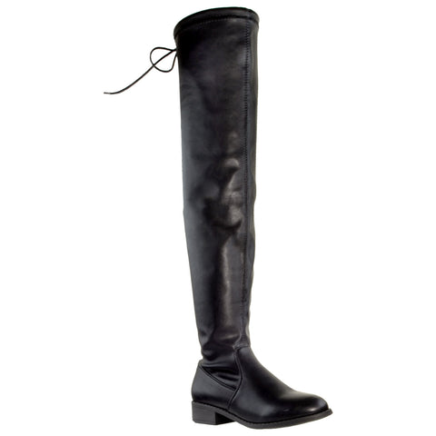 Womens Knee High Boots Lace Up Block Heel  Over the Knee Riding Boots Black