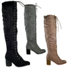 Womens Knee High Boots Chunky Block Heel Retro Lace Up Western Shoes Taupe