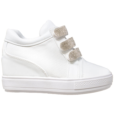 Womens Platform Shoes Rhinestone Accent Low Top Hidden Wedge Sneakers White