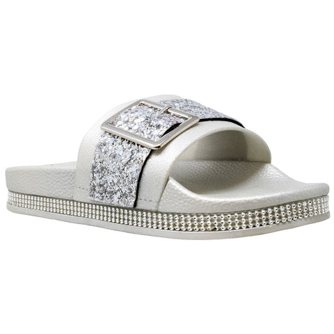 Womens Platform Sandals Glitter Buckle Rhinestone Slip On Flatform Slide Silver