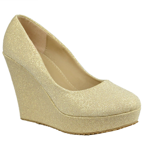 Womens Platform Shoes Glitter Accent Closed Toe Slip On Wedges Gold