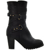 Womens Mid Calf Boots Strappy Buckle Accent Stacked Heel Shoes Black