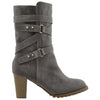 Womens Mid Calf Boots Strappy Buckle Accent Stacked Heel Shoes Gray