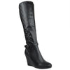 Womens Knee High Boots Quilted Front And Ankle Strap High Wedge Shoes Black