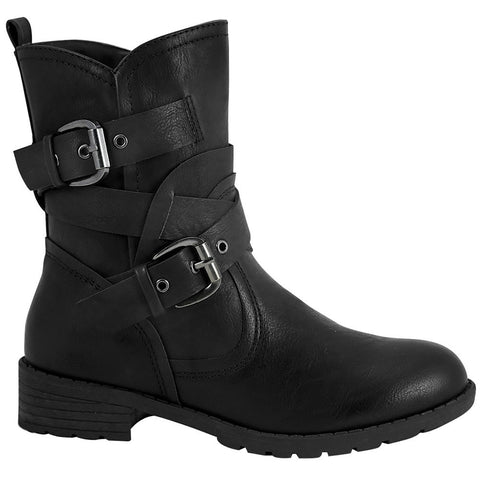 Womens Ankle Boots Wrap Around  Buckle Strap Motorcycle Riding Shoes Black