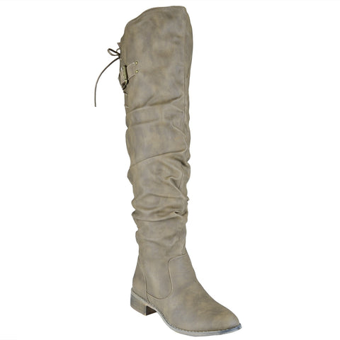 Womens Knee High Boots Back Lace Up Over The Knee Riding Shoes Taupe