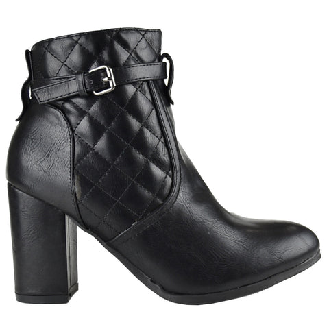 Womens Ankle Boots Sleek Quilted Ankle Strap Chunky High Heel Shoes Black