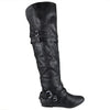 Womens Knee High Boots Fold Over Cuff Buckle Accents Casual Riding Shoes Black