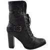 Womens Ankle Boots Lace Up Chunky Heel Fold Over Fleece Cuff Black