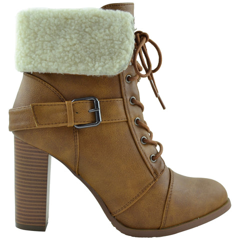 Womens Ankle Boots Lace Up Chunky Heel Fold Over Fleece Cuff Tan