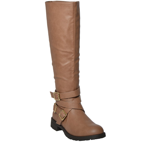 Womens Strappy Knee High Riding Boots Tan