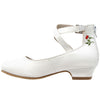 Kids Dress Shoes Embroidered Flower Mary Jane Block Heel Pumps White