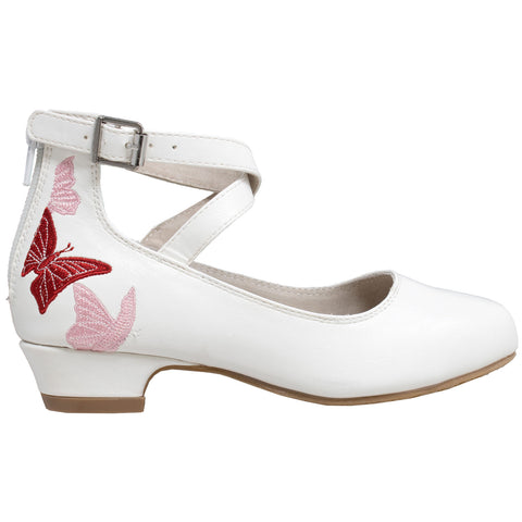 Kids Dress Shoes Embroidered Butterfly Mary Jane Block Heel Pumps White