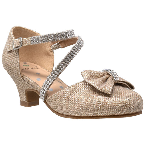 SOBEYO Kids Dress Shoes Rhinestone Bow Accent Kitten Heel Glitter Sandals Gold