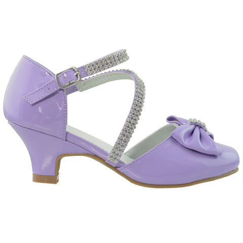 Kids Dress Shoes Rhinestone Bow Accent Kitten Heel Sandals Purple
