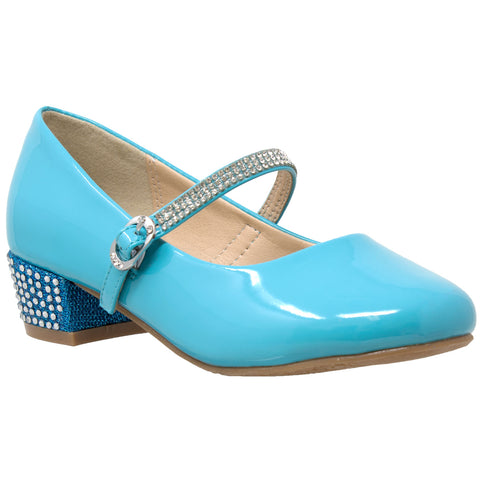 Kids Dress Shoes Rhinestone Ankle Strap Mary Jane Pumps Blue