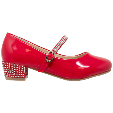 Kids Dress Shoes Rhinestone Ankle Strap Mary Jane Pumps Red