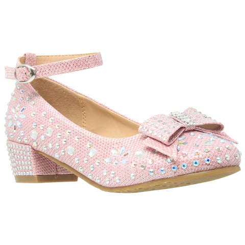 Kids Dress Shoes Girls Glitter Rhinestone Bow Accent Mary Jane Pumps Pink