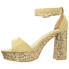 Womens Platform Sandals Glitter Accent Ankle Strap Chunky Block Heel Shoes Gold