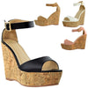 Womens Platform Sandals Ankle Strap Embroidered  Cork Heel Wedges Tan