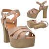 Womens Platform Sandals Strappy Open Toe Studded Wood Chunky High Heel Shoes Taupe