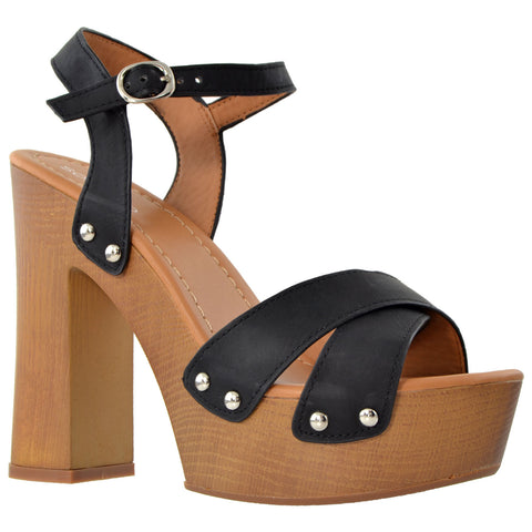 Womens Platform Sandals Ankle Strap Studded Wood Chunky High Heel Shoes Black