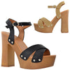 Womens Platform Sandals Ankle Strap Studded Wood Chunky High Heel Shoes Taupe