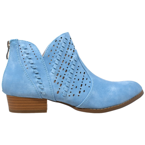 Womens Ankle Boots Western Block Heel Bootie Perforated Cutout Shoes Blue