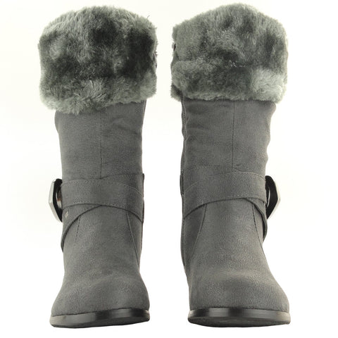 Kids Mid Calf Boots Suede Fur Cuff Ankle Wrap Buckle Gray