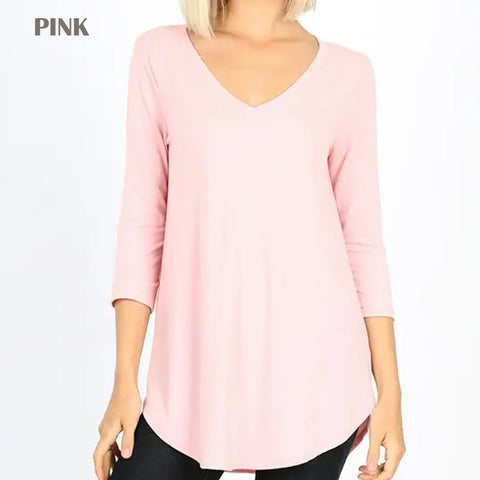 Women's V-Neck Top 3/4 Sleeve Round Ham Soft Premium Fabric Pink