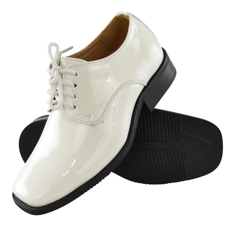 Boys Dress Shoes Lace Up Retro Patent Leather Oxfords White