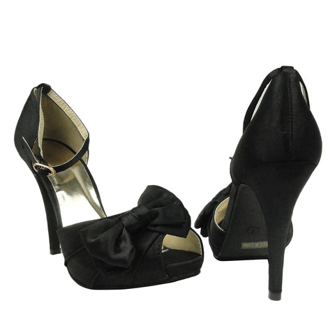 Womens Dress Sandals Satin Peep Toe Ribbon Bow High Heel Shoes Black