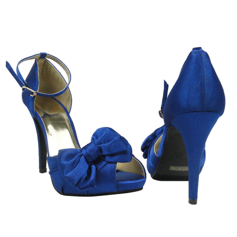 Womens Dress Sandals Satin Peep Toe Ribbon Bow High Heel Shoes Blue