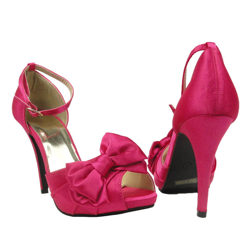 Womens Dress Sandals Satin Peep Toe Ribbon Bow High Heel Shoes Pink