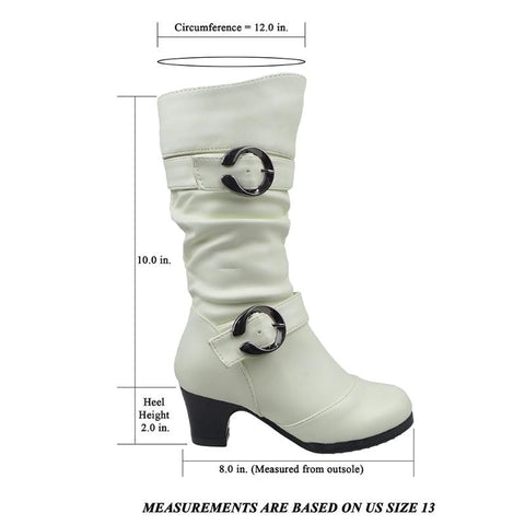 Kids Mid Calf Boots High Heel Double Buckle Side Zipper Closure White
