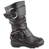 Kids Mid Calf Boots Loose Ruched Buckles Side Zipper Closure Brown