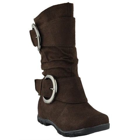 Kids Mid Calf Boots Loose Ruched Buckles Side Zipper Closure Brown