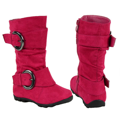 Kids Mid Calf Boots Loose Ruched Buckles Side Zipper Closure Pink