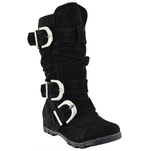 Kids Knee High Boots Ruched Leather Triple Buckle Side Zipper Closure black