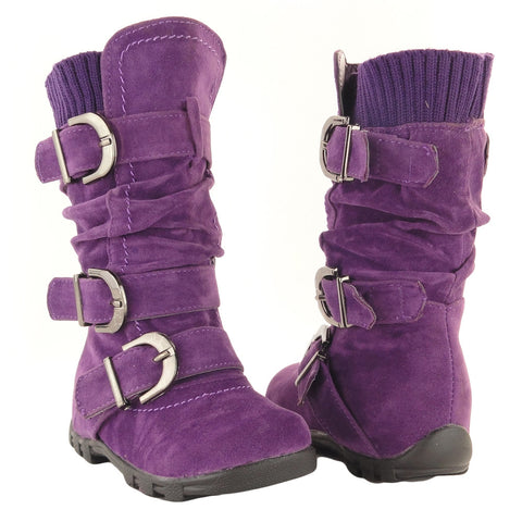 Toddlers Knee High Boots Ruched Leather Buckles Side Zipper Closure Purple