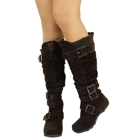 Womens Knee High Boots Ruched Leather Buckles Knitted Calf Brown