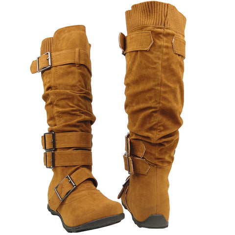Womens Knee High Boots Ruched Leather Buckles Knitted Calf Tan