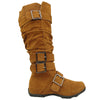Womens Knee High Boots Ruched Leather Buckles Knitted Calf Tan