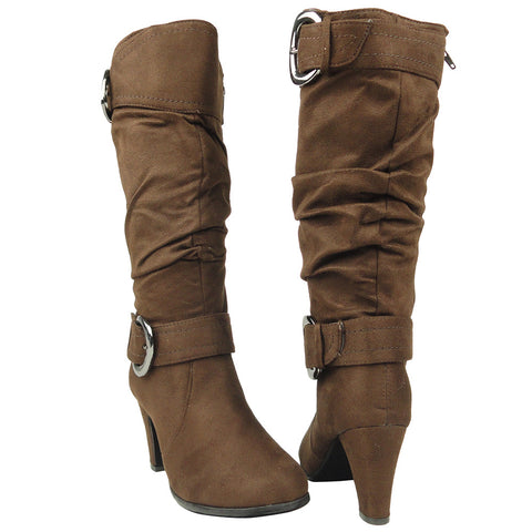 Womens Knee High Boots Ankle and Calf Buckle Side Zipper Closure Brown