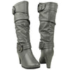 Womens Knee High Boots Ankle and Calf Buckle Side Zipper Closure Gray