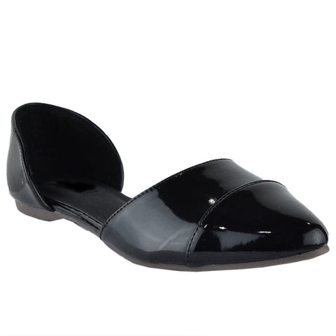Womens Ballet Flats Pointy Toe Side Cutout Slip On Patent Leather Shoes Black