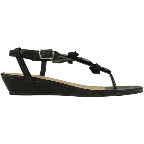 Womens Flat Sandals T-Strap Gemstones Low Wedge Adjustable Ankle Strap black