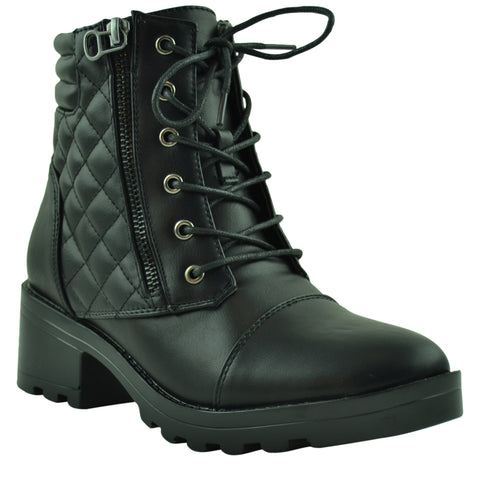 Womens Ankle Boots Lug Sole Chunky Heel Lace Up Quilted Booties black
